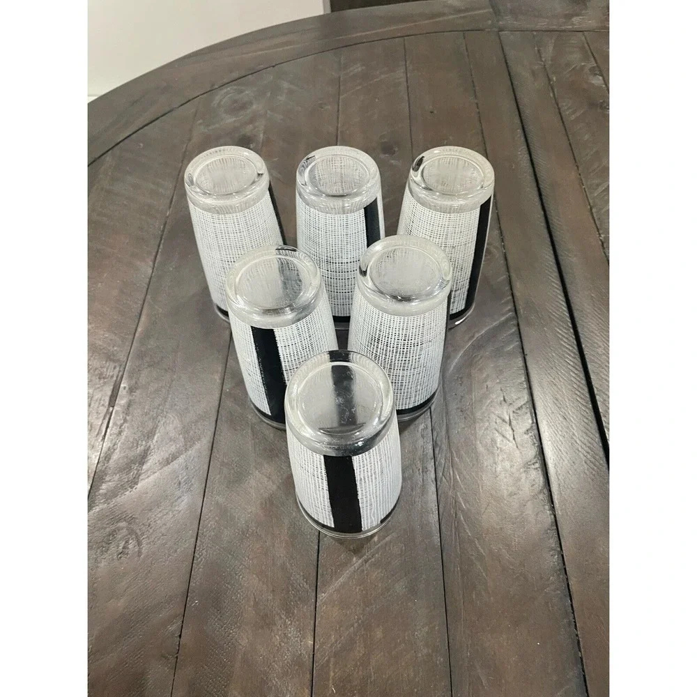 Vintage WHITE BURLAP 6 GLASSES‎ BLACK BORDER~11oz~BEVERAGE~TUMBLER Barware